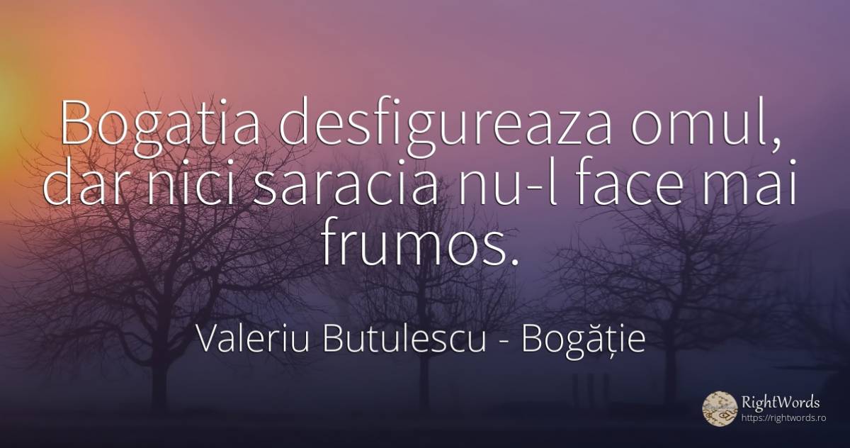 Bogatia desfigureaza omul, dar nici saracia nu-l face mai... - Valeriu Butulescu, citat despre bogăție, sărăcie, frumusețe, oameni