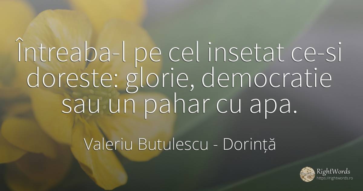 Întreaba-l pe cel insetat ce-si doreste: glorie, ... - Valeriu Butulescu, citat despre dorință, democrație, glorie, apă
