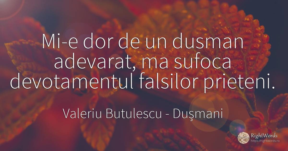 Mi-e dor de un dusman adevarat, ma sufoca devotamentul... - Valeriu Butulescu, citat despre dușmani, dor, prietenie, adevăr