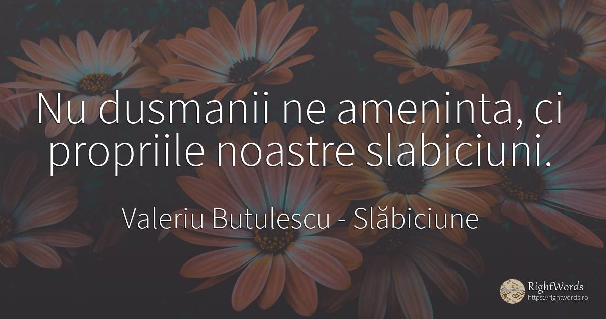 Nu dusmanii ne ameninta, ci propriile noastre slabiciuni. - Valeriu Butulescu, citat despre slăbiciune, dușmani