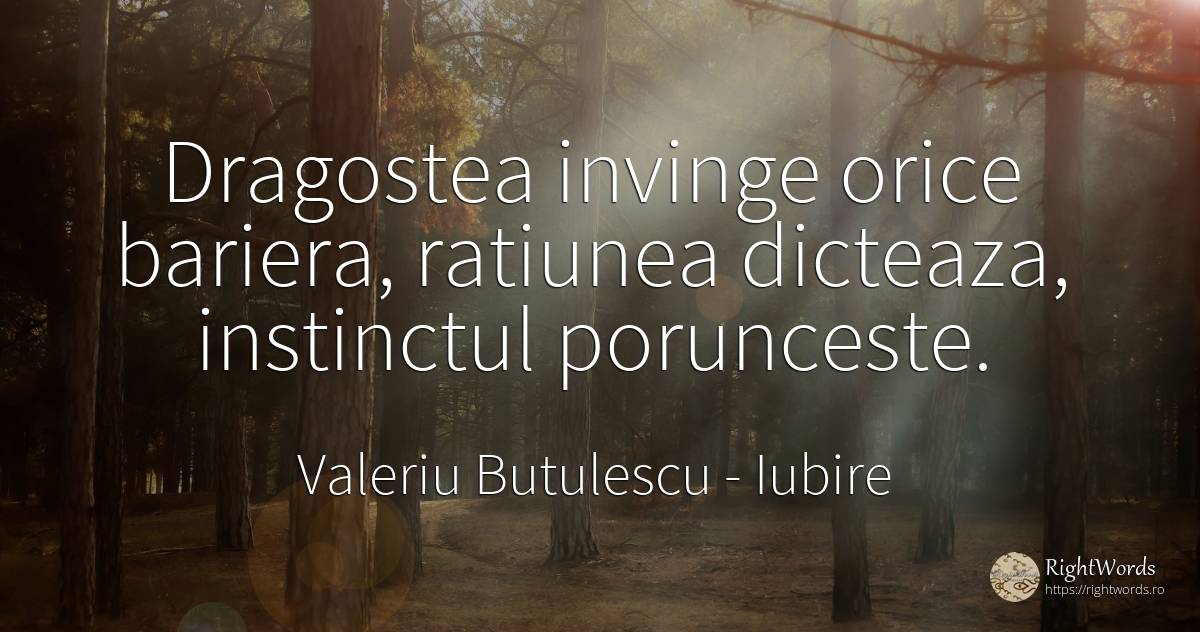 Dragostea invinge orice bariera, ratiunea dicteaza, ... - Valeriu Butulescu, citat despre iubire, instinct, rațiune