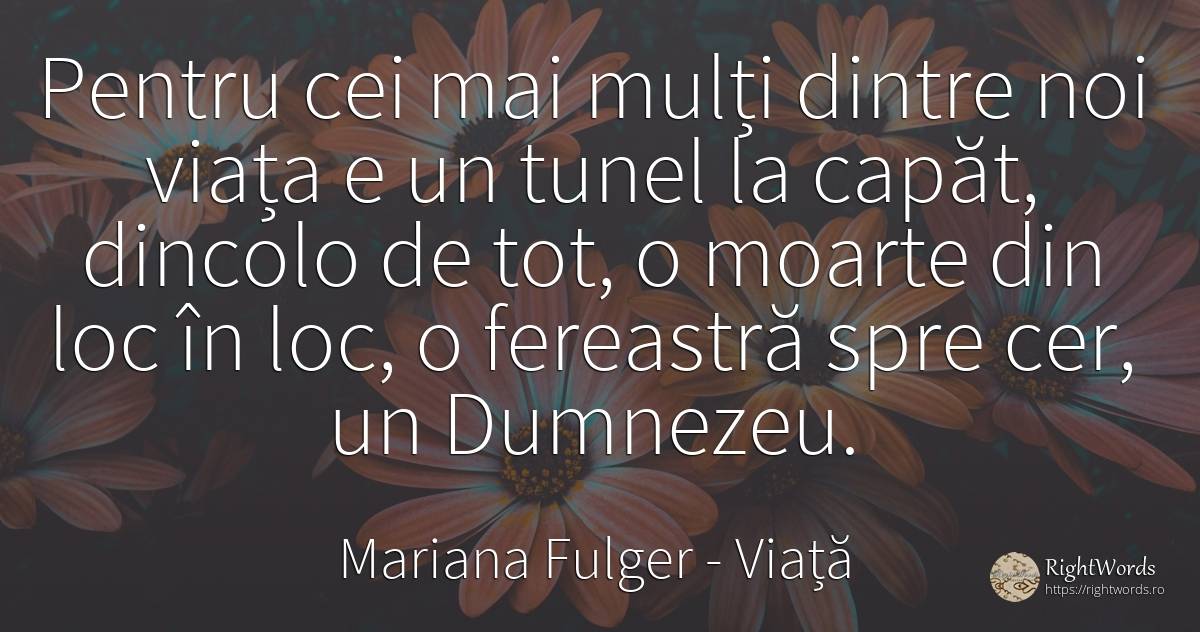 Pentru cei mai mulți dintre noi viața e un tunel la... - Mariana Fulger, citat despre viață, cer, moarte, dumnezeu
