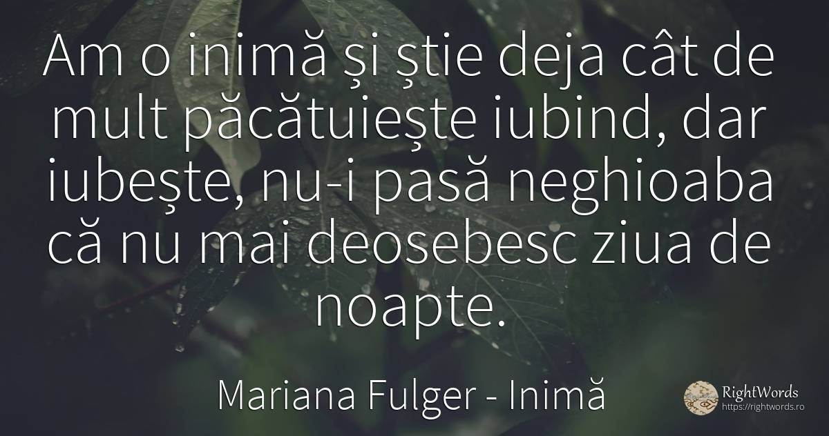Am o inimă și știe deja cât de mult păcătuiește iubind, ... - Mariana Fulger, citat despre inimă, iubire, noapte, salariu, zi, zi de naștere