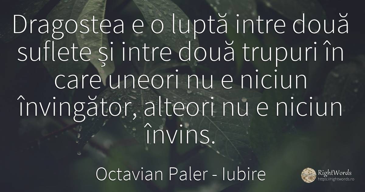 Dragostea e o luptă intre două suflete și intre două... - Octavian Paler, citat despre iubire, suflet, luptă, viață