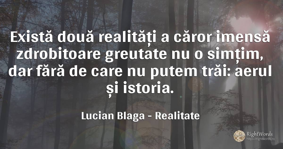 Există două realități a căror imensă zdrobitoare greutate... - Lucian Blaga, citat despre realitate, aer, istorie