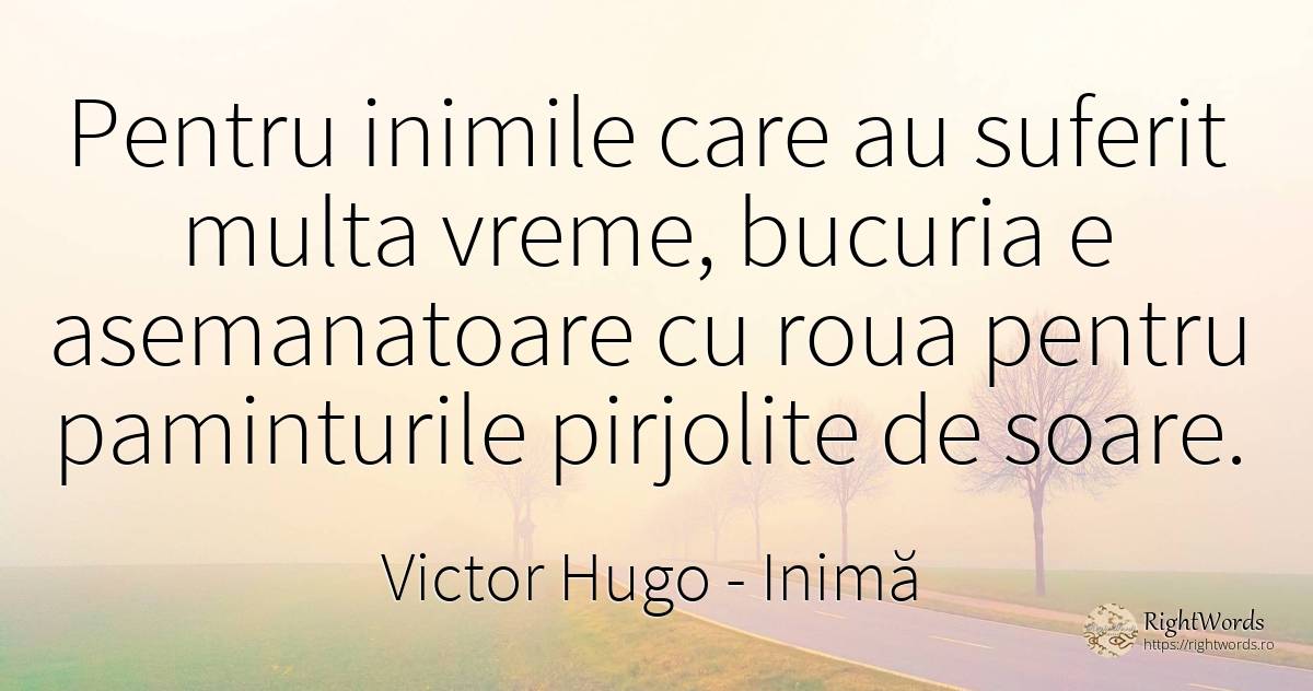 Pentru inimile care au suferit multa vreme, bucuria e... - Victor Hugo, citat despre inimă, suferință, bucurie, soare, vreme