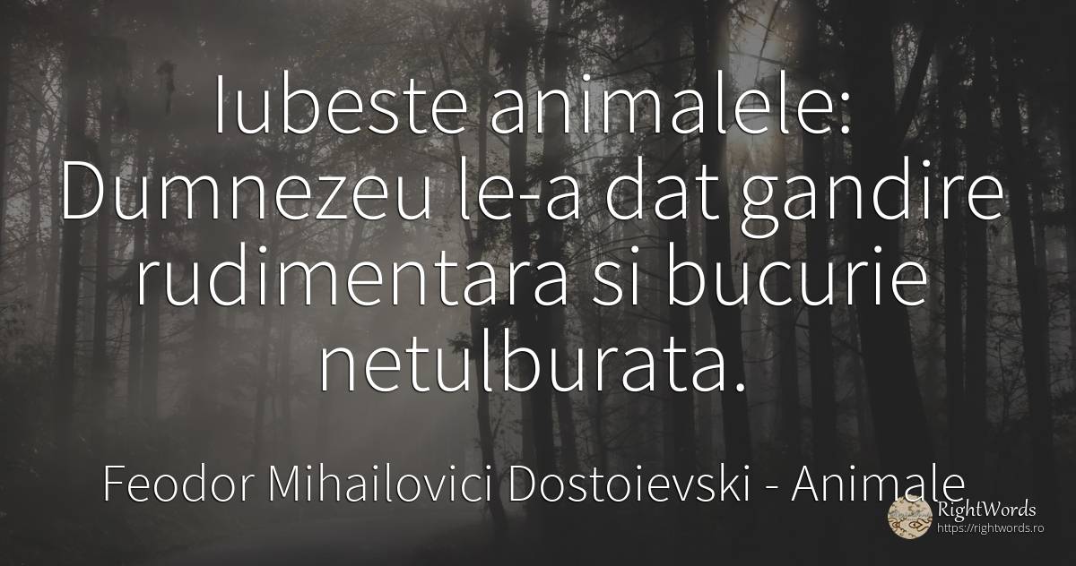 Iubeste animalele: Dumnezeu le-a dat gandire rudimentara... - Feodor Mihailovici Dostoievski, citat despre animale, cugetare, bucurie, iubire, dumnezeu