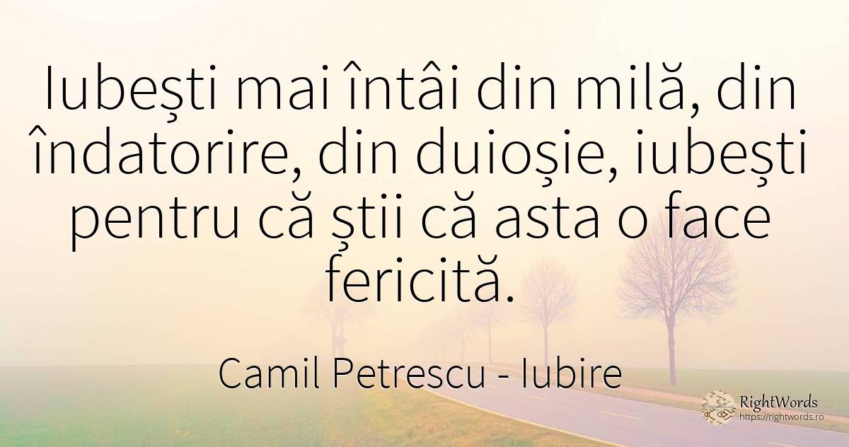 Iubești mai întâi din milă, din îndatorire, din duioșie, ... - Camil Petrescu, citat despre iubire, noapte, fericire, milă, război