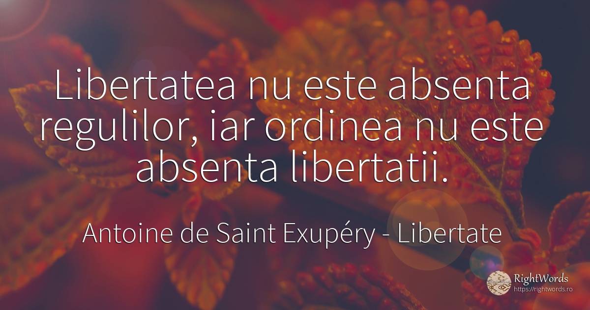 Libertatea nu este absenta regulilor, iar ordinea nu este... - Antoine de Saint Exupéry (Exuperry), citat despre libertate, absența, ordine
