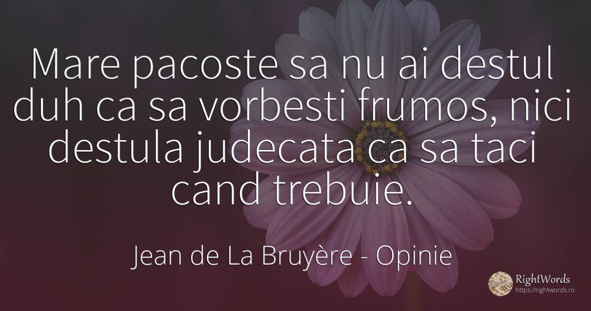 Mare pacoste sa nu ai destul duh ca sa vorbesti frumos, ... - Jean de La Bruyère, citat despre opinie, judecată, frumusețe