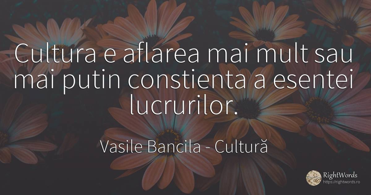 Cultura e aflarea mai mult sau mai putin constienta a... - Vasile Bancila, citat despre cultură, filozofie
