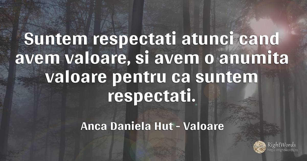 Suntem respectati atunci cand avem valoare, si avem o... - Anca Daniela Hut, citat despre valoare