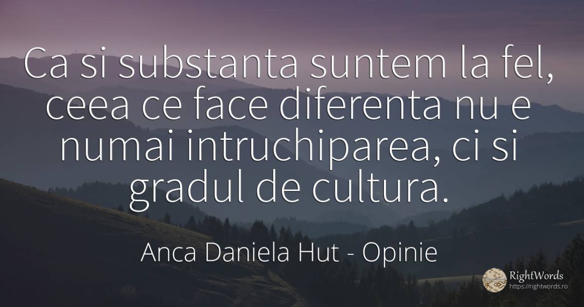 Ca si substanta suntem la fel, ceea ce face diferenta nu... - Anca Daniela Hut, citat despre opinie, cultură