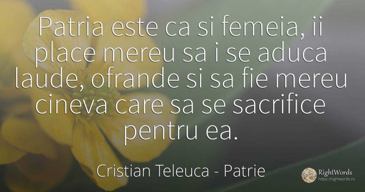 Patria este ca si femeia, ii place mereu sa i se aduca... - Cristian Teleuca, citat despre patrie, femeie