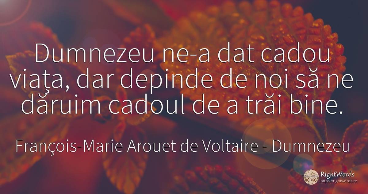 Dumnezeu ne-a dat cadou viața, dar depinde de noi să ne... - François-Marie Arouet de Voltaire, citat despre dumnezeu, cadouri, bine, viață
