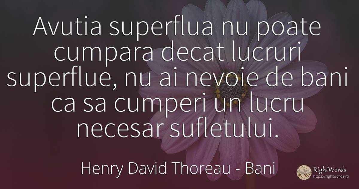 Avutia superflua nu poate cumpara decat lucruri... - Henry David Thoreau, citat despre bani, comerț, necesitate, suflet, nevoie, lucruri
