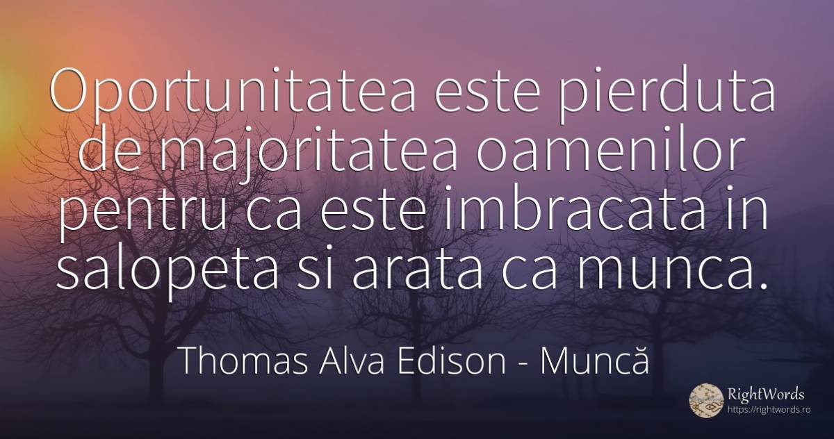 Oportunitatea este pierduta de majoritatea oamenilor... - Thomas Alva Edison, citat despre șansă, muncă