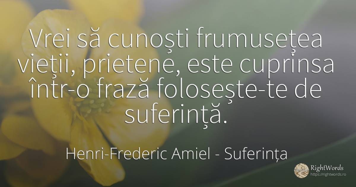 Vrei să cunoști frumusețea vieții, prietene, este... - Henri-Frederic Amiel, citat despre suferință, frumusețe, viață
