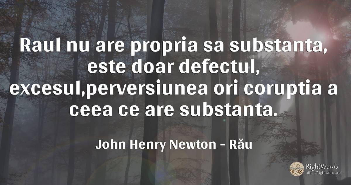 Raul nu are propria sa substanta, este doar defectul, ... - John Henry Newton, citat despre rău, defecte, exces, corupţie