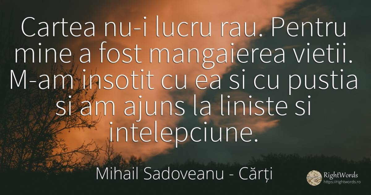 Cartea nu-i lucru rau. Pentru mine a fost mangaierea... - Mihail Sadoveanu, citat despre cărți, liniște, înțelepciune, rău, viață