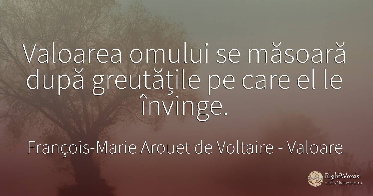 Valoarea omului se măsoară după greutățile pe care el le... - François-Marie Arouet de Voltaire, citat despre valoare, dificultăţi