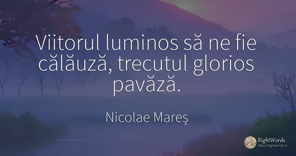 Viitorul luminos să ne fie călăuză, trecutul glorios pavăză. - Nicolae Mareș, citat despre glorie, trecut, viitor