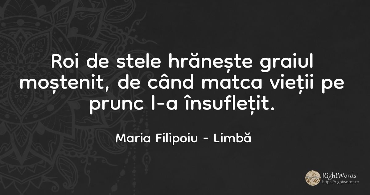 Roi de stele hrănește graiul moștenit, de când matca... - Maria Filipoiu, citat despre limbă