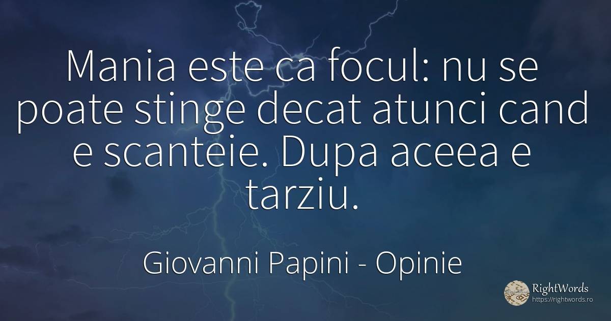 Mania este ca focul: nu se poate stinge decat atunci cand... - Giovanni Papini, citat despre opinie, foc