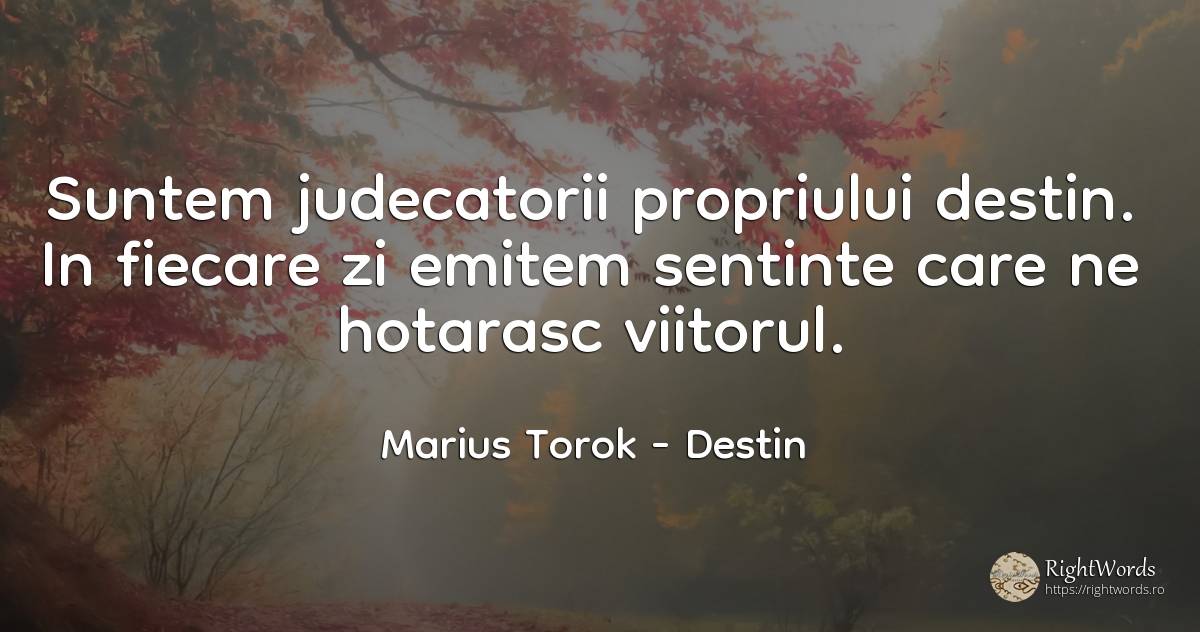 Suntem judecatorii propriului destin. In fiecare zi... - Marius Torok (Darius Domcea), citat despre destin, viitor