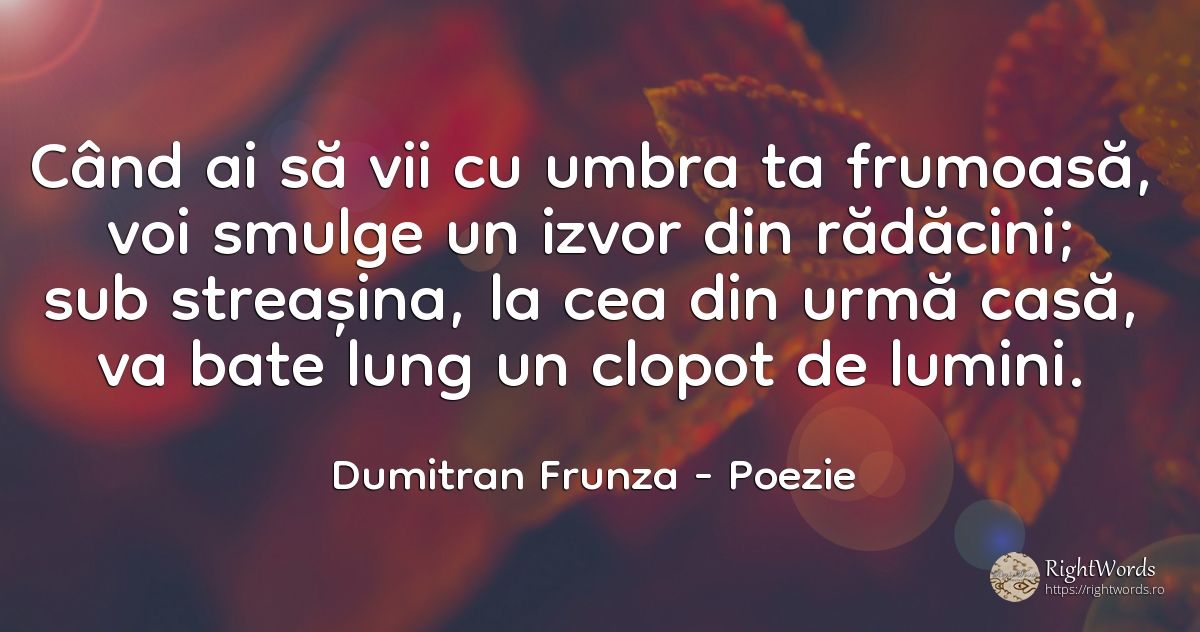 Când ai să vii cu umbra ta frumoasă, voi smulge un izvor... - Dumitran Frunza, citat despre poezie, umbră, acasă, casă