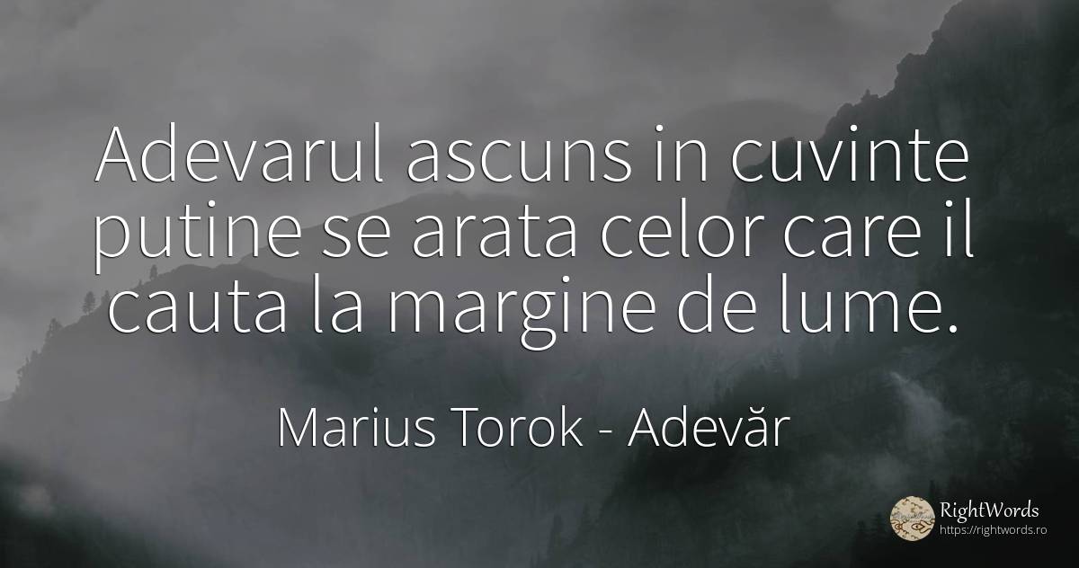 Adevarul ascuns in cuvinte putine se arata celor care il... - Marius Torok (Darius Domcea), citat despre adevăr, căutare, lume