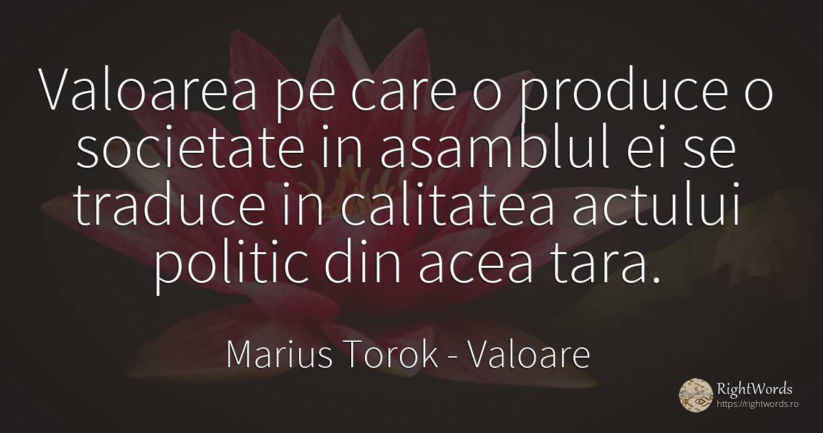 Valoarea pe care o produce o societate in asamblul ei se... - Marius Torok (Darius Domcea), citat despre valoare, calitate, societate, țară