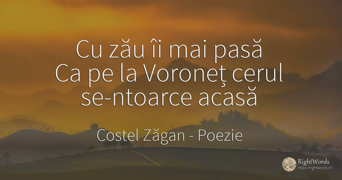 Cu zău îi mai pasă Ca pe la Voroneț cerul se-ntoarce acasă - Costel Zăgan, citat despre poezie, acasă, cer