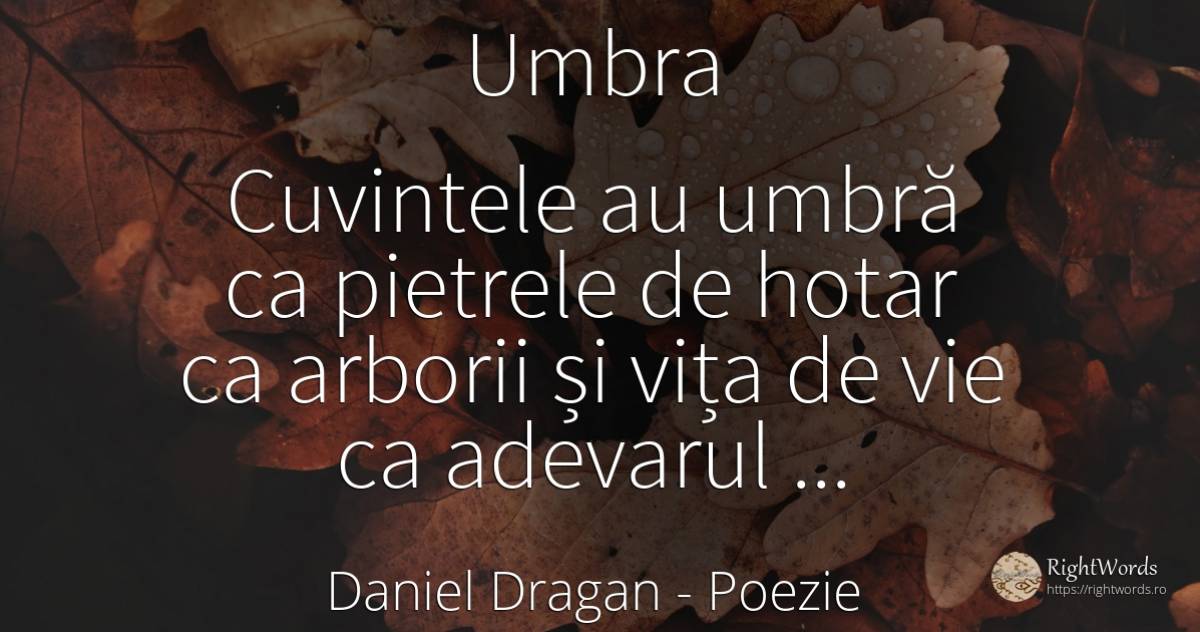 Umbra Cuvintele au umbră ca pietrele de hotar ca arborii... - Daniel Dragan, citat despre poezie, umbră, cuvânt, adevăr