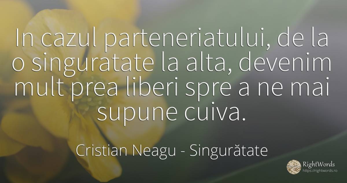 In cazul parteneriatului, de la o singuratate la alta, ... - Cristian Neagu (Crinea Gustian), citat despre singurătate