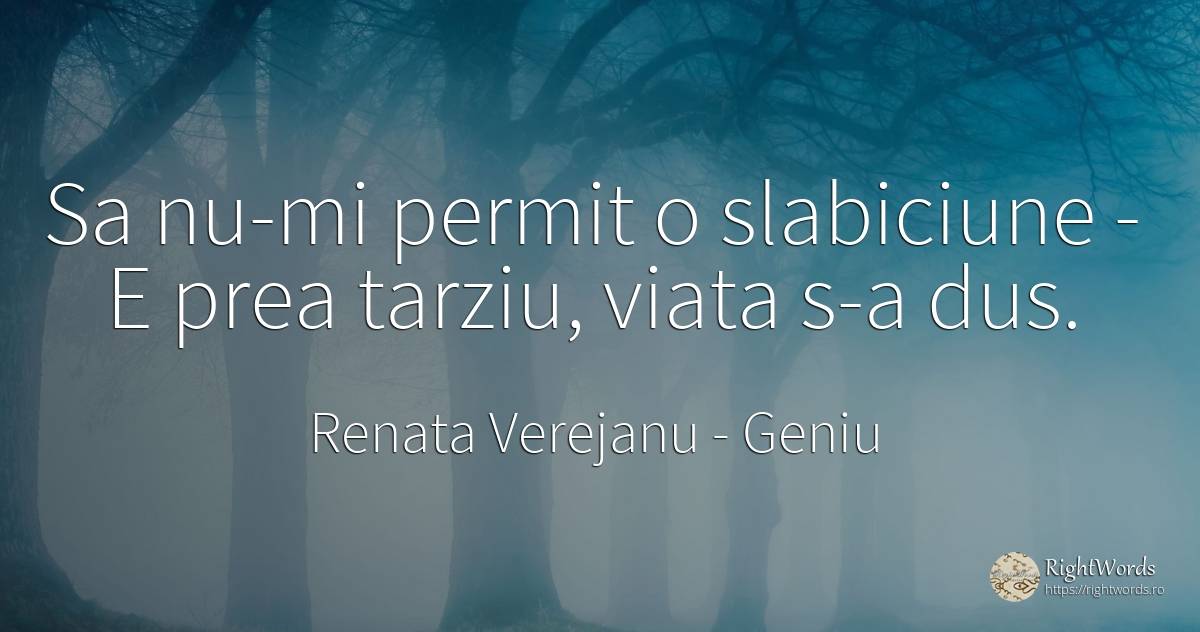 Sa nu-mi permit o slabiciune - E prea tarziu, viata s-a dus. - Renata Verejanu, citat despre geniu, slăbiciune, viață