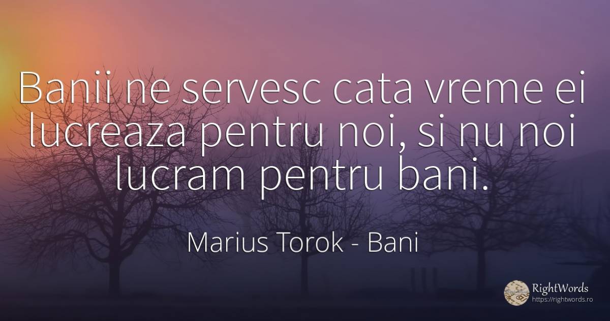 Banii ne servesc cata vreme ei lucreaza pentru noi, si nu... - Marius Torok (Darius Domcea), citat despre bani, vreme