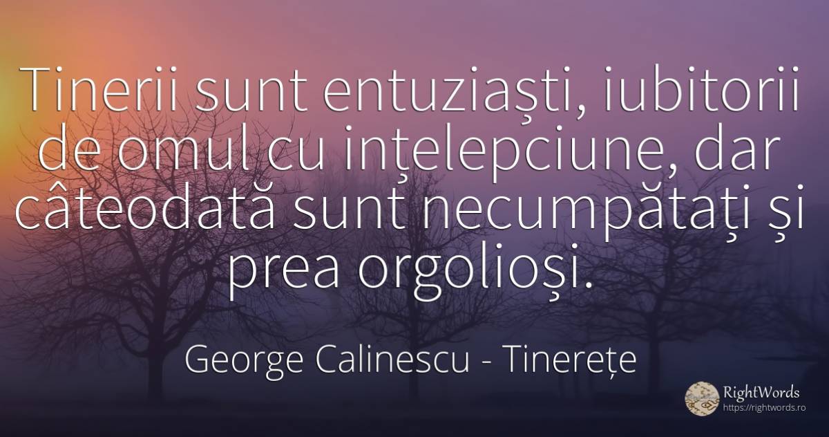 Tinerii sunt entuziaști, iubitorii de omul cu... - George Calinescu, citat despre tinerețe, mândrie, înțelepciune, oameni