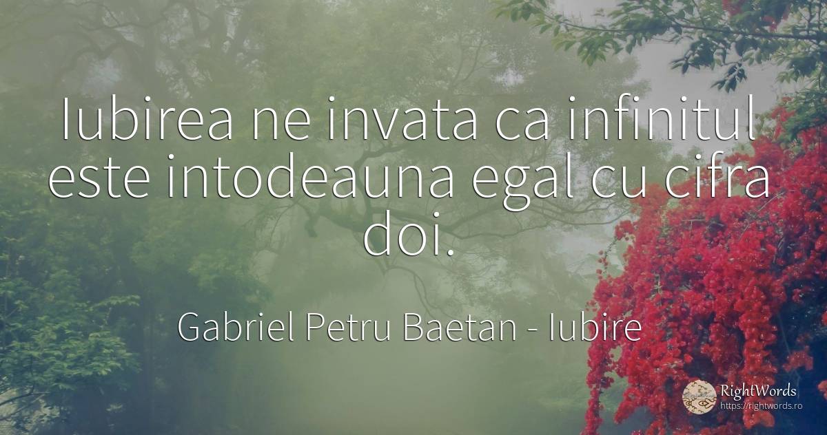 Iubirea ne invata ca infinitul este intodeauna egal cu... - Gabriel Petru Baetan, citat despre iubire, infinit