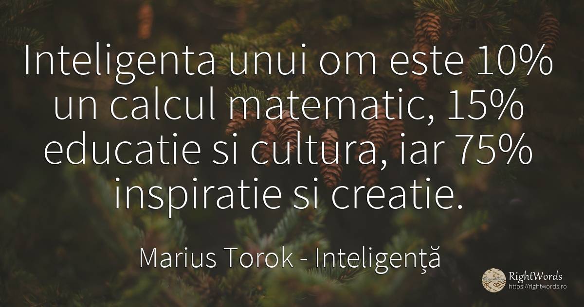 Inteligenta unui om este 10% un calcul matematic, 15%... - Marius Torok (Darius Domcea), citat despre inteligență, inspirație, creație, educație, cultură