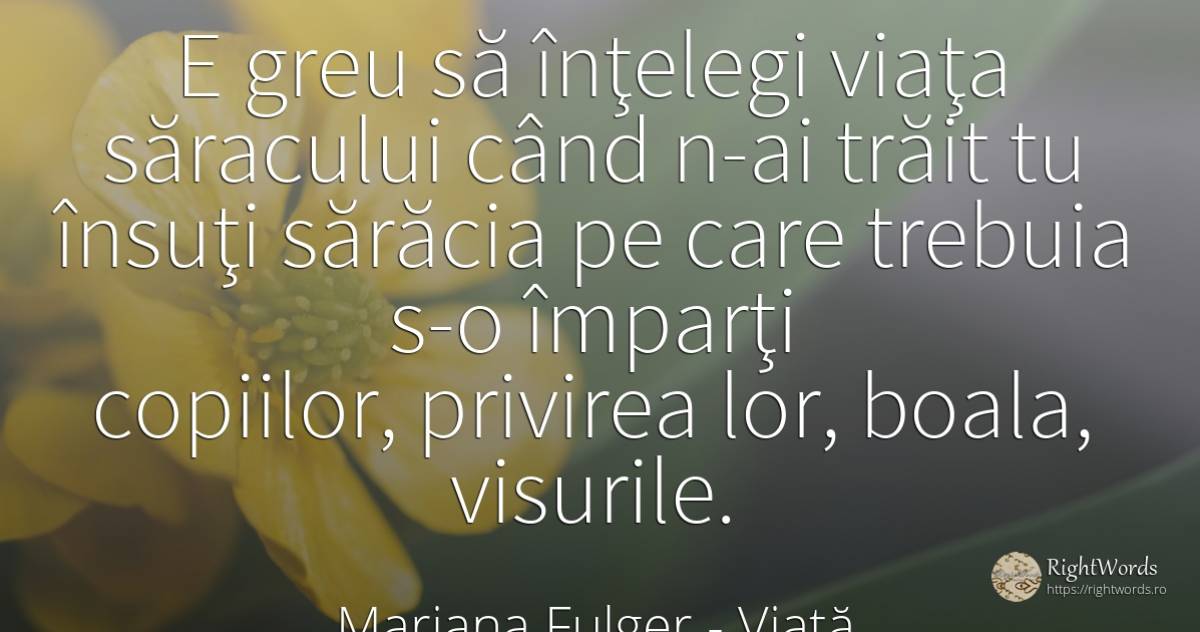 E greu să înţelegi viaţa săracului când n-ai trăit tu... - Mariana Fulger, citat despre viață, vis, sărăcie, boală