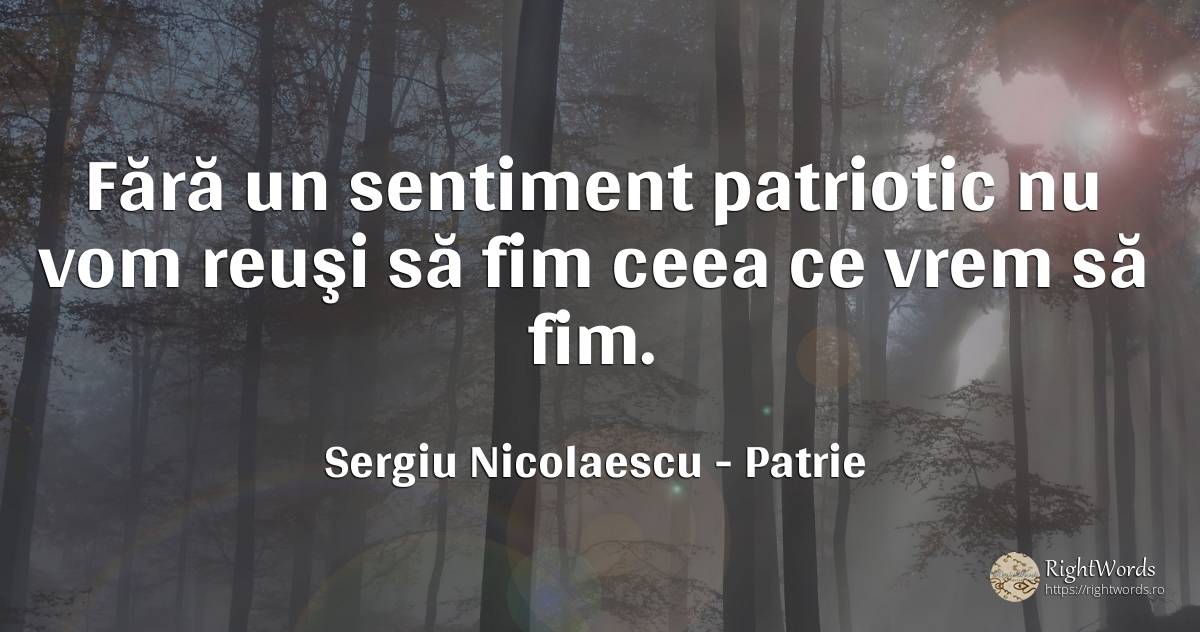 Fără un sentiment patriotic nu vom reuşi să fim ceea ce... - Sergiu Nicolaescu, citat despre patrie, sentimente