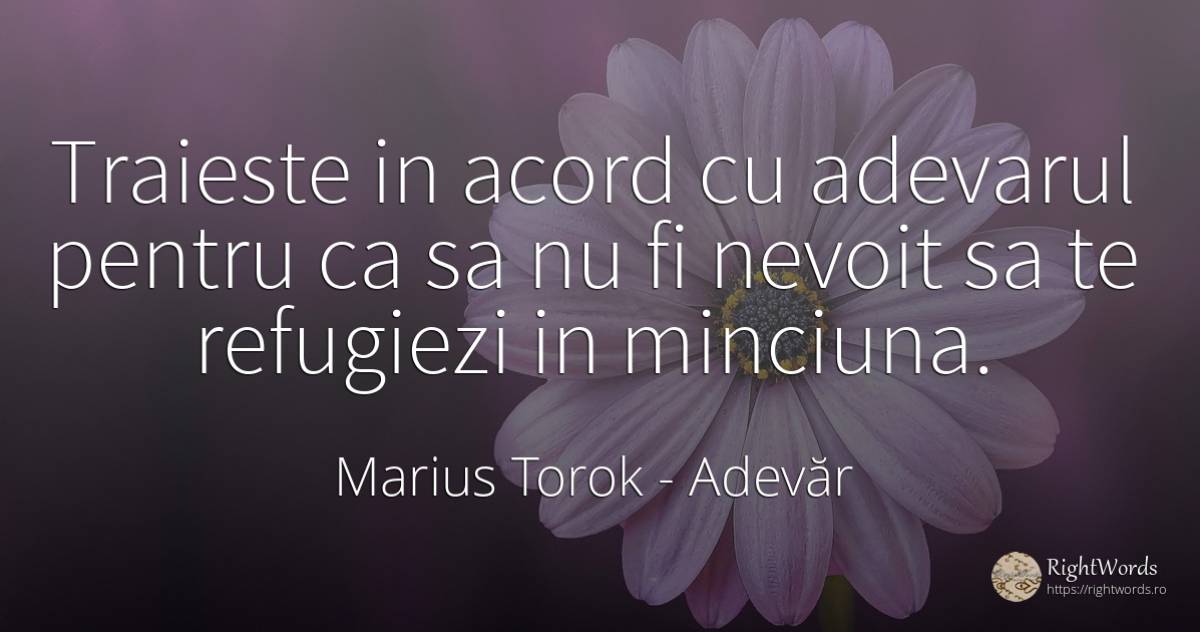 Traieste in acord cu adevarul pentru ca sa nu fi nevoit... - Marius Torok (Darius Domcea), citat despre adevăr, minciună