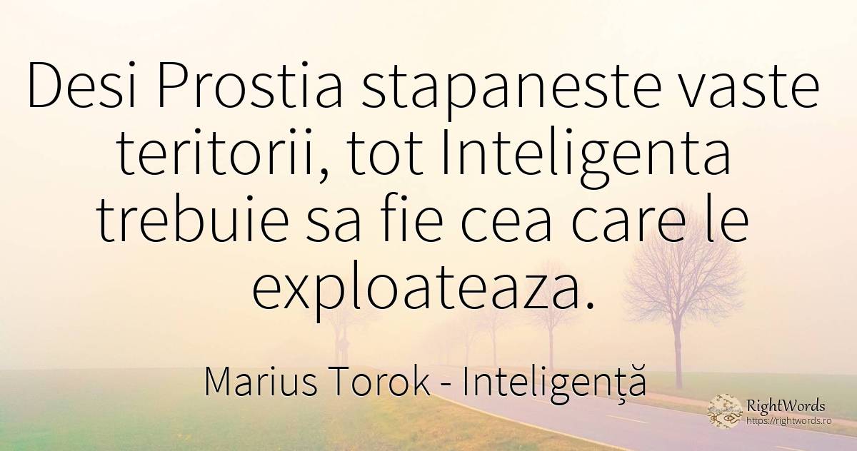 Desi Prostia stapaneste vaste teritorii, tot Inteligenta... - Marius Torok (Darius Domcea), citat despre inteligență, prostie