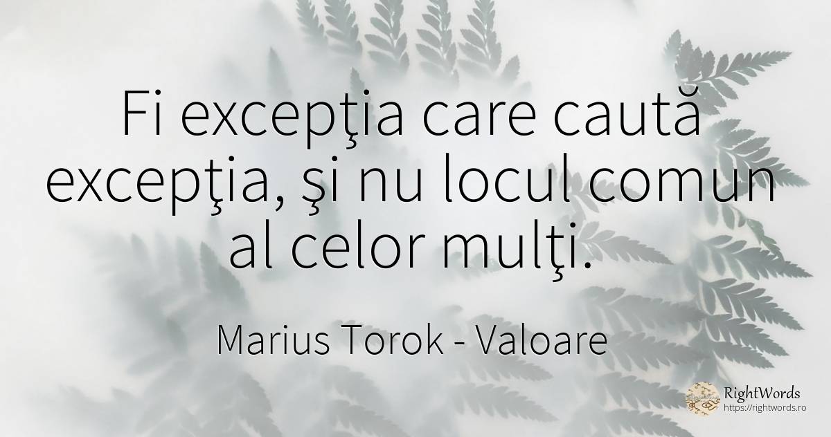 Fi excepţia care caută excepţia, şi nu locul comun al... - Marius Torok (Darius Domcea), citat despre valoare, căutare