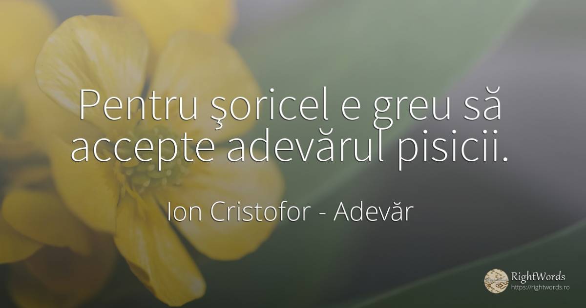 Pentru şoricel e greu să accepte adevărul pisicii. - Ion Cristofor (Ioan Cristofor Filipas), citat despre adevăr