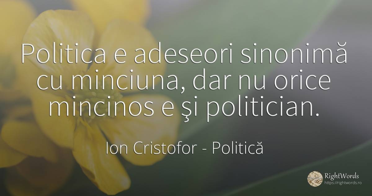 Politica e adeseori sinonimă cu minciuna, dar nu orice... - Ion Cristofor (Ioan Cristofor Filipas), citat despre minciună, politică