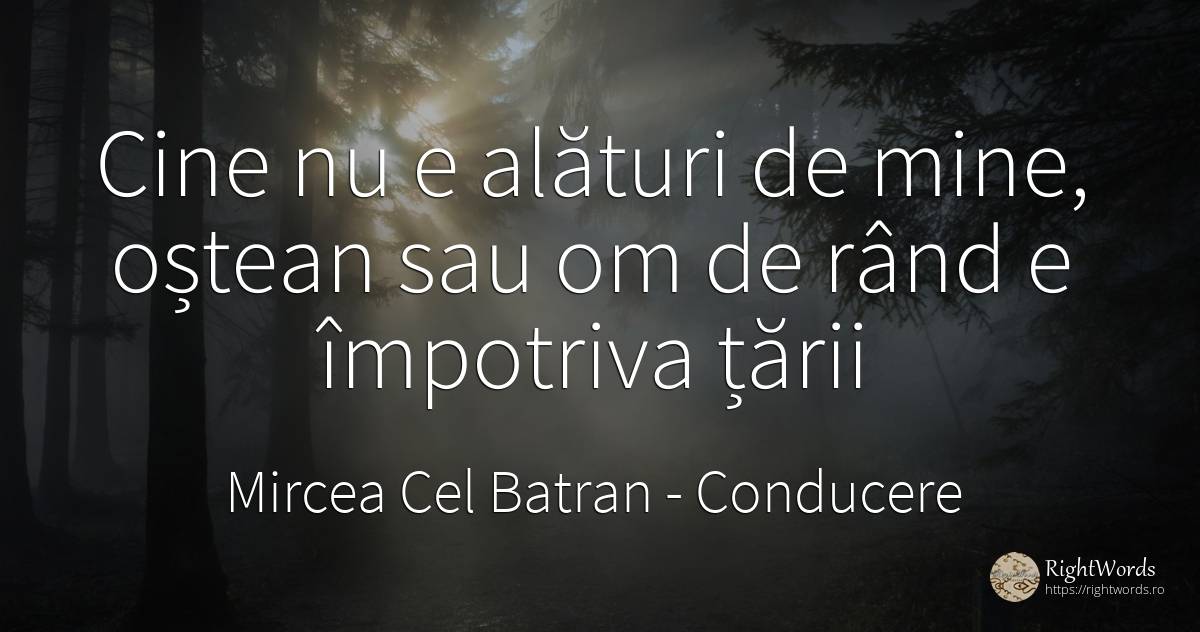 Cine nu e alături de mine, oștean sau om de rând e... - Mircea Cel Batran, citat despre conducere, țară