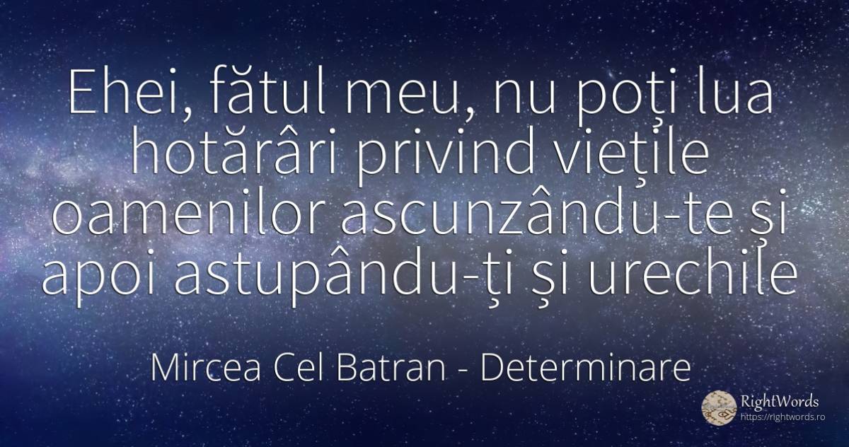 Ehei, fătul meu, nu poți lua hotărâri privind viețile... - Mircea Cel Batran, citat despre determinare, viață