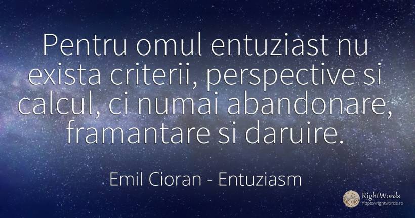 Pentru omul entuziast nu exista criterii, perspective si... - Emil Cioran, citat despre entuziasm, oameni